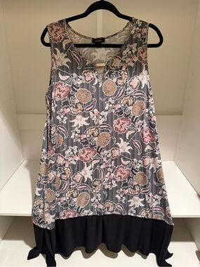Espresso Gray Floral Sleeveless Sundress with Black Hem